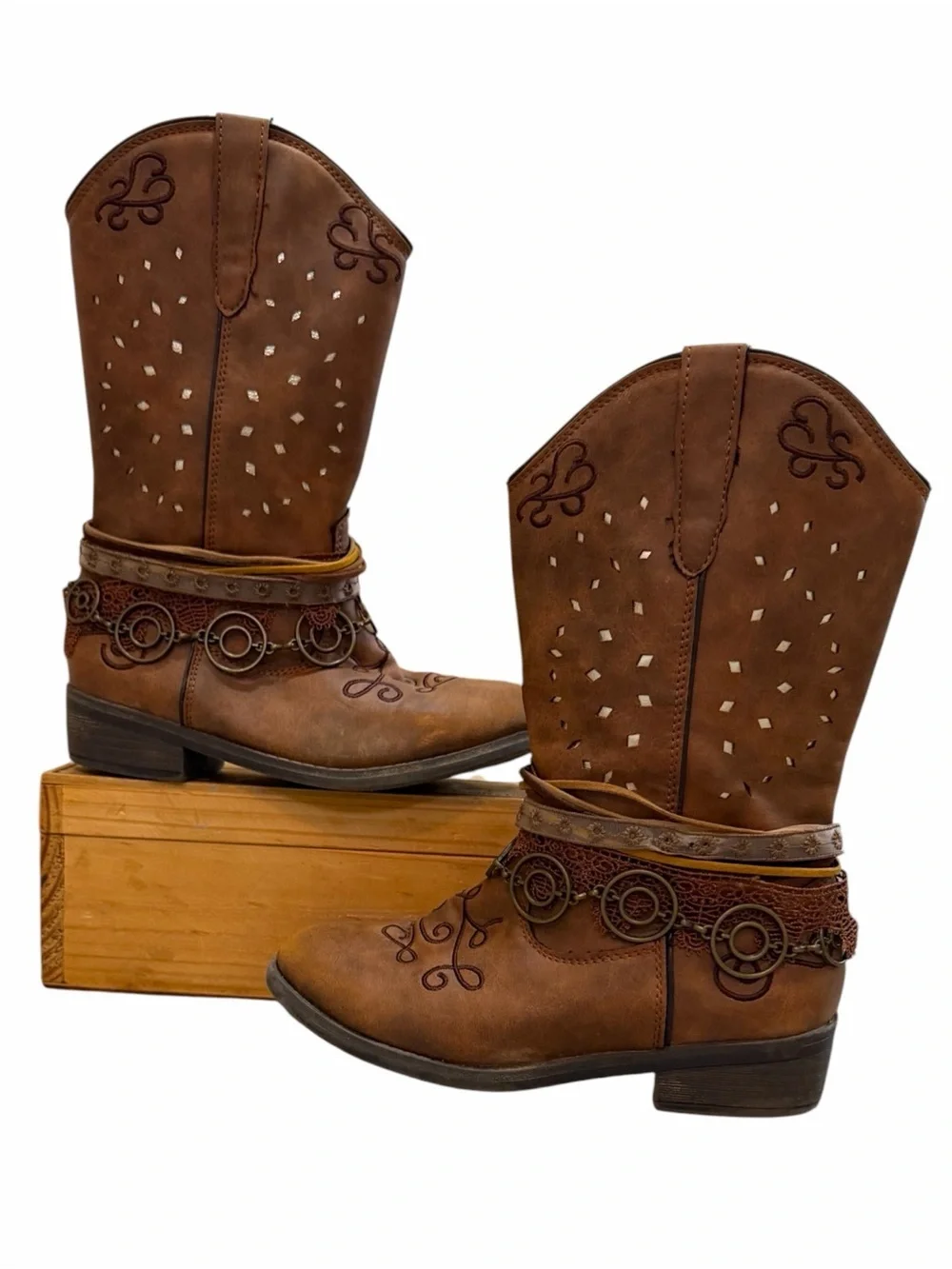 Paris Blues Brown Western Cowgirl Boots Size 1 M Embellished Mid-Calf Boots